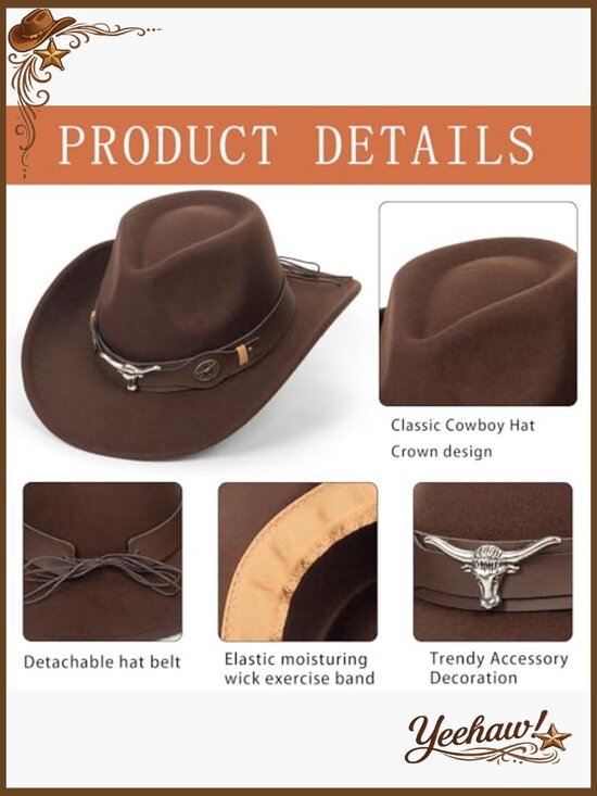 Felt Fedora Cowboy Hat Wide Brim Sun Protection Adjustable Sweatband main image 6